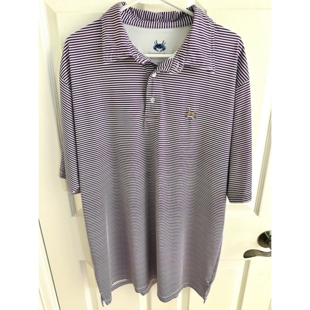 Craberdashery Men's XL Purple White Striped Stretch Golf Polo Shirt Logo